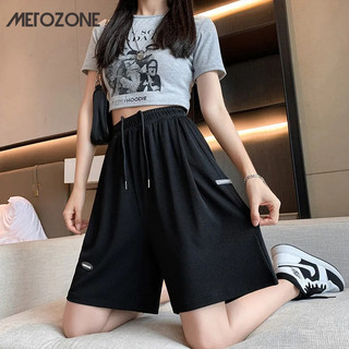 Metozone Quần short lụa băng nữ ống rộng dáng rộng lưng cao thẳng quần thường ngày