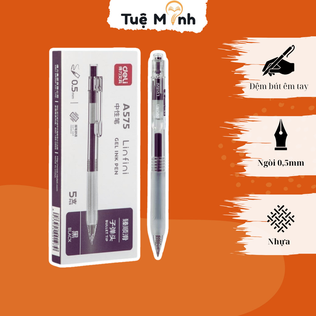 Hộp 5 bút gel Deli A575 ngòi 0.5mm có ruột refill S221 chính gốc mực đen tiện lợi dễ dàng sử dụng