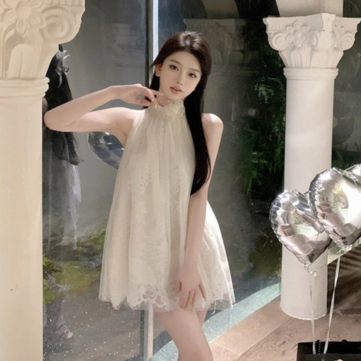 Đầm váy cổ yếm phối ren hoa dáng ngắn baby doll, đầm nữ đi tiệc thời trang mùa hè SAMIMI SP138 | BigBuy360 - bigbuy360.vn