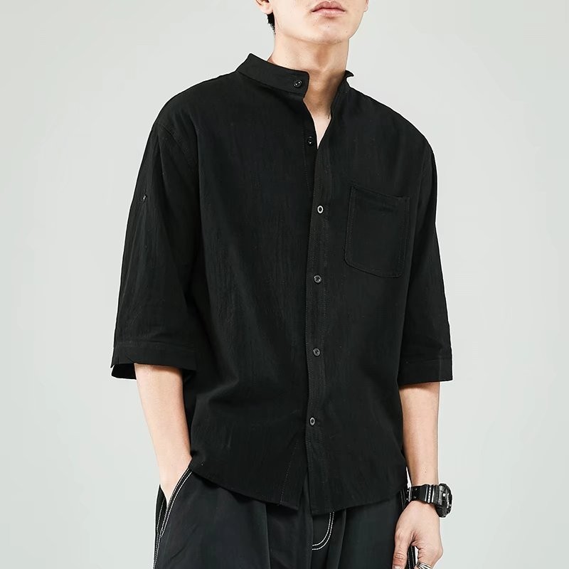 Áo Sơ Mi Vải Lanh Nam Tay Ngắn Áo Sơ Mi Trắng Rời Phong Cách Trung Hoa Mùa Hè Vải Lanh Cotton Áo Khoác Nam Ba Phần Tư Tay Áo
