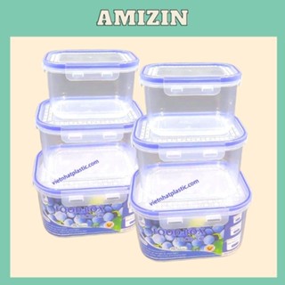 Bộ 3 hộp nhựa 6530 đựng thức ăn trong suốt có nắp AMIZIN Hộp đựng thực phẩm tủ lạnh an toàn