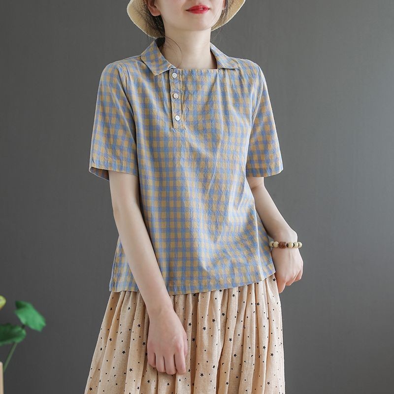 Nhật Bản Đuôi Hàng Hóa Cắt Nhãn Nữ Vải Lanh Cotton Nửa Tay Áo Thun Retro Ve Áo Kẻ Sọc Linen Top