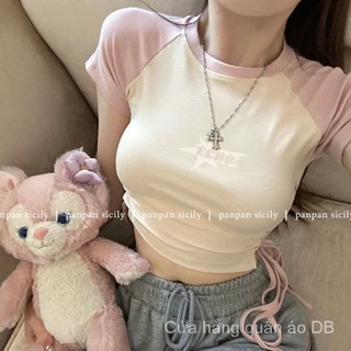 Áo thun nữ thêu mùa hè màu sắc tương phản Raglan Dây đeo tay Nhảy múa Skinny Áo ngắn