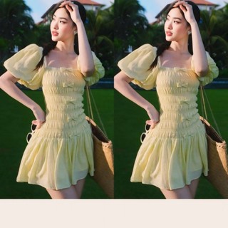 BARE_Đầm Nữ Cổ Vuông Tay Phồng Đính Nhiều Nơ Xinh , Đầm Nữ Ngắn Chất Đũi Gân Phong Cách Ngọt Ngào Dễ Thương- D038