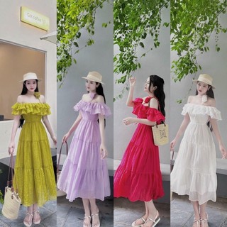 Váy maxi trễ vai bèo chất đũi mềm mát kèm choker