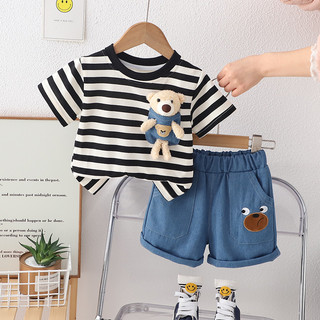 Quần Áo Bé Trai Sọc Áo Sơ Mi + Quần Short Phù Hợp Với Mùa Hè Tập Đi Tay Ngắn Bộ Quần Áo Mặc Đi Học Trang Phục