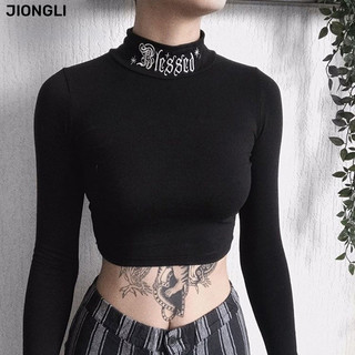 Jionglicroptop dài tay thêu chữ Gothic harajuku thời trang cổ điển quần áo nữ