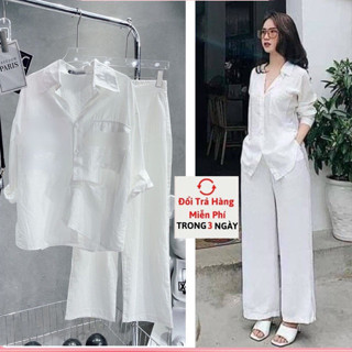 Set áo sơ mi quần ống rộng bộ đũi trắng MIX đồ đi chơi cực sang chất vải đũi mặc vừa nhẹ vừa mát QMUN DD