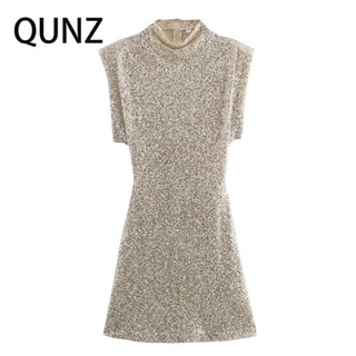 Qunz Miếng Lót Vai Thời Trang Sequin Tay Ngắn Rời Đầm 8698
