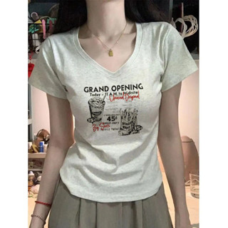 【100% cotton  Áo baby tee Áo Thun ôm body Áo y2k Cổ chữ V ngắn tay ôm vừa vặn mùa hè in hình nữ