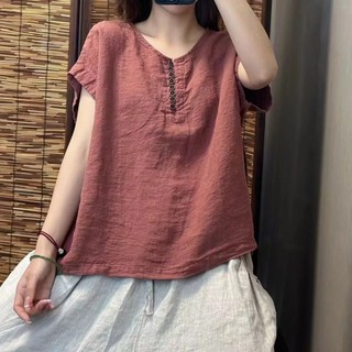Mùa Hè Phong Cách Mới Retro Màu Trơn Vải Lanh Cotton Nữ Rời Cổ Tròn Đơn Giản Áo Tay Ngắn