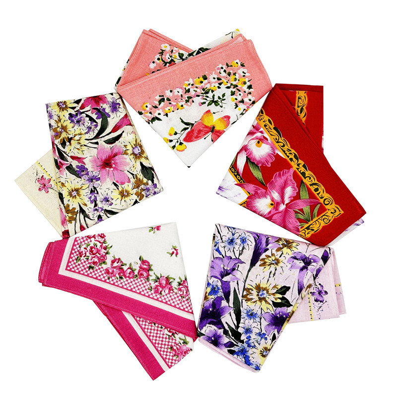 Khăn vuông hankie 43x43cm 100% bông, hình in vintage cho nữ, quà tặng