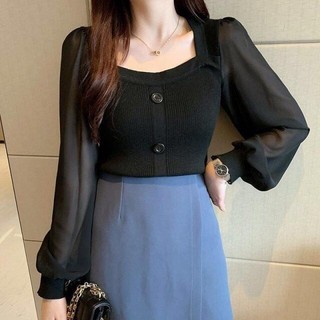 Áo Thun Gân Đính Nút Giả Ống Lưới Phối Tay Dài Sang Trọng - Mã TTSLC0324