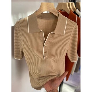 Đơn giản Pit Strip Màu sắc phù hợp với cổ áo polo Áo len lụa băng mùa hè 2024 Phong cách mới Thời trang Slim-fit Phù hợp với mọi trận đấu Áo bé gái Hàng có sẵn