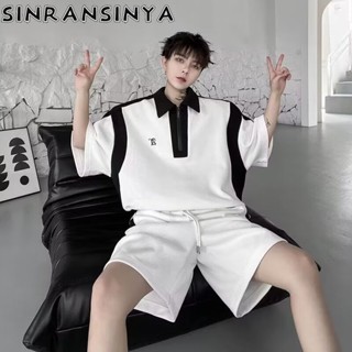 Sinransinya Bộ nam mới, American Retro Street Luxury, Thiết kế dây kéo nửa, Áo nửa tay màu tương phản, Bộ hai mảnh dáng rộng và nổi bật, Thùng thẳng, Quần 5 / 4