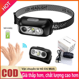 Đèn pin đội đầu siêu sáng cảm ứng bằng tay 1 bóng LED chống thấm nước IP44 3 chế độ kèm sạc Micro USB