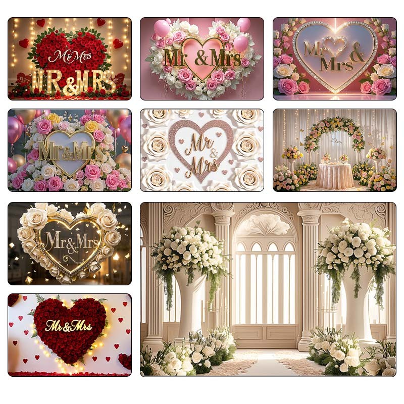 POSSBAY "Mr & Mrs" Phông Nền Đám Cưới Hoa Trái Tim Studio Ảnh Nền Biểu Ngữ Cho Tiệc Kỷ Niệm Trang Tr