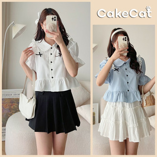 Áo sơ mi chất đũi xốp tay ngắn áo kiểu nữ cổ sen dáng áo ngắn croptop đính nơ tiểu thư cakecat