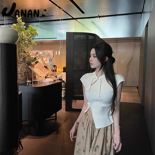 JANAN Áo thun ngắn tay phong cách Trung Quốc mới dành cho nữ, xẻ không đều, thon gọn vừa vặn, áo ngắn khí chất gợi cảm rỗng