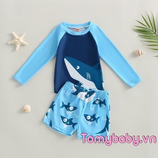 Bộ đồ bơi bé trai 2 món in hình cá mập cổ tròn dài tay + Quần bơi Đồ bơi