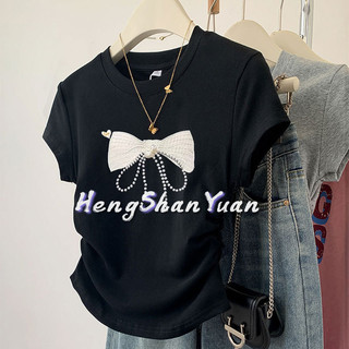 Heng Shan Yuan Áo thun cotton nguyên chất dành cho nữ cổ tròn chui đầu tay ngắn nơ dáng rộng áo thun thông thường