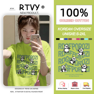 「RTVY」Áo thun Cotton ngắn tay nguyên chất in chữ gấu trúc mùa hè Oversize dáng rộng cổ tròn thông thường dành cho nữ