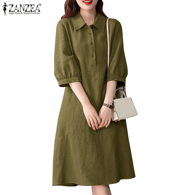 Zanzea Nữ Áo Sơ Mi Hàn Quốc Cổ Ba Phần Tư Tay Nút Váy Rời | BigBuy360 - bigbuy360.vn