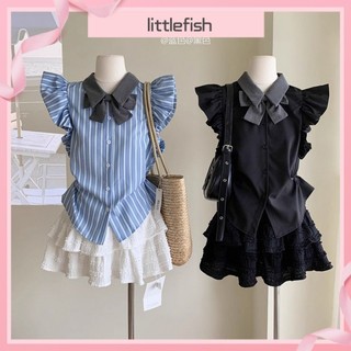 [Cá Nhỏ] Phong Cách Preppy Pháp Tay Bay Nhỏ Nơ Áo Sơ Mi Sọc Bé Gái Thiết Kế Mùa Hè Niche Sang Trọng Áo Sơ Mi Tay Ngắn