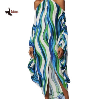 QUIXLENT Nữ Maxi Dress Off Vai Màu Sắc Tương Phản Sóng In Rỗng Ra Tay Dài
