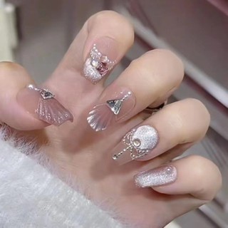 Handmade Đeo Áo Giáp Cổ Tích Đầm Xoay Đeo Được UV Làm Đẹp Móng Tay Thành Phẩm Màu Trắng Tính Khí Miếng Dán Móng Tay Có Thể Tháo Rời