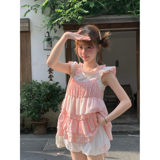 Sinsingirl Ngọt Đào Soufflé Mùa Hè Trắng Nhỏ Tay Bay T Kẻ Sọc Sling Top Trắng Quần Short Ba Mảnh Bộ
