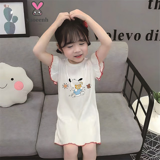 【YAOEENH】90-150cm Mùa Hè Bé Gái Phong Cách Mỏng Băng Lụa Ren Váy Ngủ Giữa Lớn Trẻ Em Agaric Edge Tay Ngắn Hoạt Hình Đầm Sẵn Sàng Vận Chuyển Nhanh