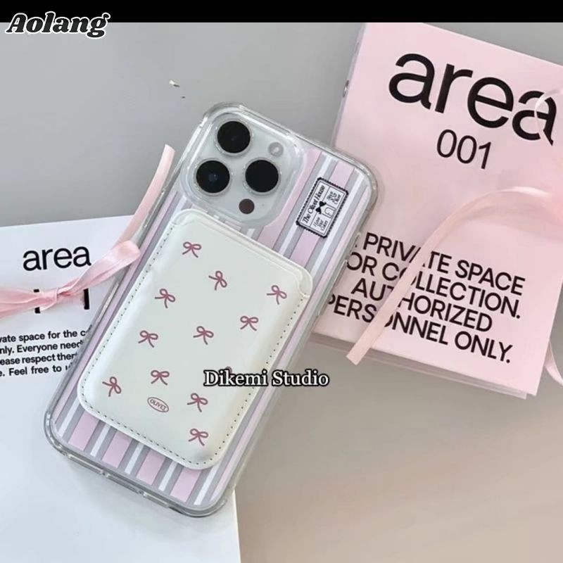 Túi đựng thẻ từ tính Aolang Bow Instagram Pink Girl Stripe Sạc bạc không dây Thích hợp cho iPhone 15pro / 14p