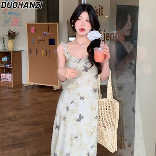Duohanzi Váy Nữ Pháp ruffle Bướm In Váy ruffle edge Mùa Hè Nhẹ Nhàng Ngày Lễ Treo Váy Dài