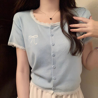 Áo baby tee Áo Coquette Tay Ngắn Áo Kiểu Nữ ôm body Ren Khâu Nơ Dệt Kim Tay Ngắn Nữ Mùa Hè 2024 Ngọt Ngào Giảm Tuổi Ôm Phù Hợp Với Áo Ngắn