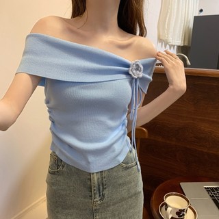 Áo trễ vai Áo coquette tay ngắn Áo Kiểu Nữ ôm Áo Thun Nữ Thiết kế hoa ba chiều kiểu Pháp Áo ngắn lụa băng hẹp dành cho nữ Dây rút xếp ly tay ngắn một vai