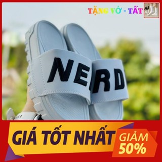 Dép NERRDY 🎁 FREESHIP + TẶNG VỚ 🎁 quai ngang nam nữ đế độn 4cm, quai thiêu nổi màu xám logo đen