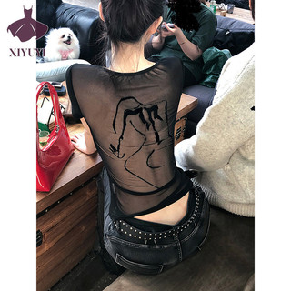Xiyuyi Áo thun nữ gợi cảm hot girl lưng lưới tay ngắn mới mỏng rỗng hàng đầu