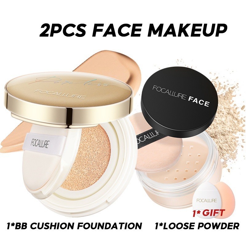 Focallure 2 Bộ trang điểm mặt BB Cushion Foundation Oil Control Matte Setting Loose Powder