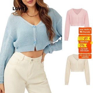 Lovito Bình thường V Neck Áo len có nút dài tay L21LT110 (Xanh nhạt)