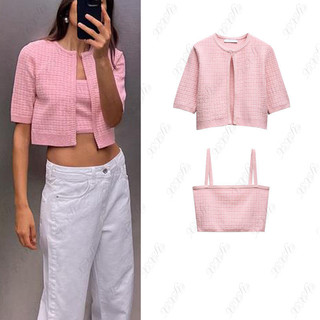  Mùa hè Sản phẩm mới Áo khoác ngắn dệt kim kẻ sọc ngắn tay cổ tròn1822014 Áo Vest cổ thẳng1822013