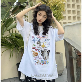 Yushanlan Áo thun nữ tay ngắn in họa tiết mèo LALISAS 5 màu