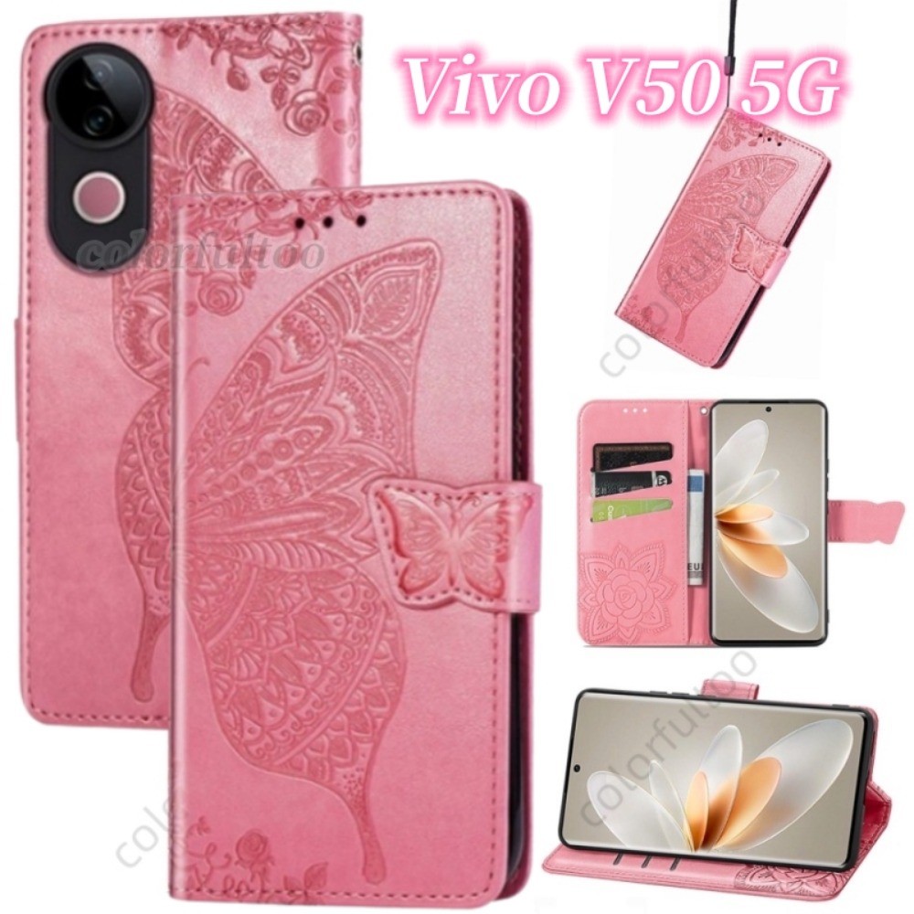 Vivo V50 5G Flip Case Cho Vivo V50 Pro V50Pro V 50 VivoV50 5G 2025 Ví Ốp Lưng Bướm Nổi Da PU Khe Cắm