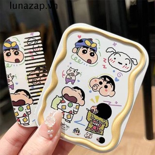 Lunazap Crayon Shin Gương trang điểm, Bộ lược gương nhỏ mang theo hai mặt, cầm tay Mini cầm tay có lược Anime Gương gấp bỏ túi