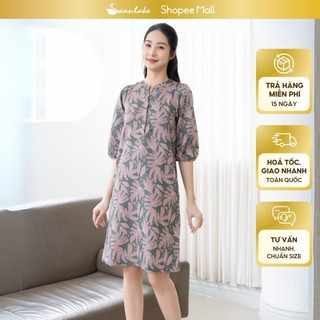 SWANLAKE | Váy Đầm Suông Nữ Cổ Trụ Tay Bí Lỡ 3/4 Vải Lụa Bông Hoa Lá Mùa Hè Dài Qua Gối - D11086