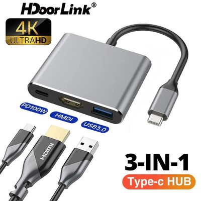 Bộ chuyển đổi HdoorLink 3in1 Type C sang HDMI 4K PD100W Bộ chuyển đổi sạc nhanh USB 3.0 Hub Adapter