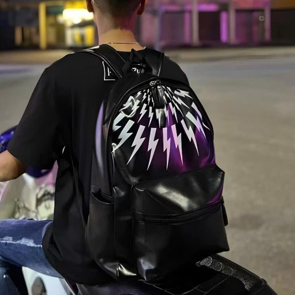 Ba lô đi học, balo đi chơi đựng vừa sách vở a4 da bóng họa tiết tia sét, quai đeo bản to K634