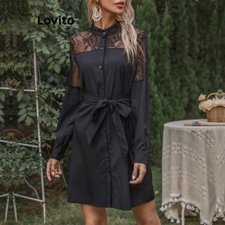 Đầm Lovito phối ren màu trơn có dây thắt lưng phía trước thời trang thường ngày cho nữ LNL63178