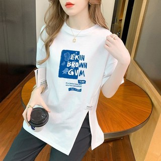 [Hàng có sẵn] [Cotton] Vải chất lượng cao Plus Size Plus Fat Slimer Look 2024 Mùa hè Thiết kế phong cách mới Áo thun Cotton trắng nữ tay ngắn dài vừa phải Plus Size Spli