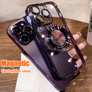 Ốp Điện Thoại Từ Tính Mạ Điện Cho iPhone 14 Pro Max 15 12 13 11 Pro Max Vỏ Trong Suốt Bảo Vệ Ống Kính Máy Ảnh Trong Suốt Vỏ Cứng Chống Sốc